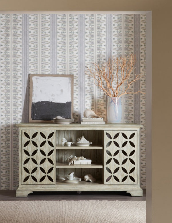 Hooker Furniture Commerce Underhill Entertainment Console — Light Gray Distressed Oak Tv Stand With Floral Cutout Doors, Soft-Close Storage 7228-85111-95