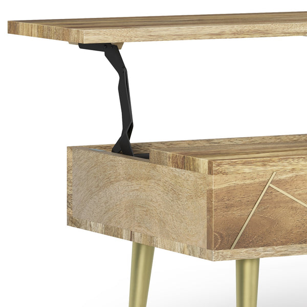 English Elm Jager Lift Top Coffee Table - Handcrafted Natural Mango Wood With Gold Accents & Hidden Storage B136P158756