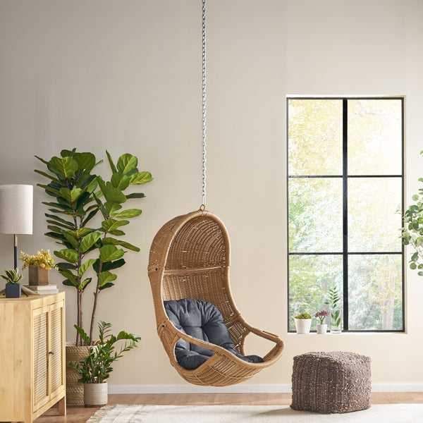 English Elm Christopher Knight Home® - Berkshire Cozy Hanging Chair With 8Ft Chain - Stylish Wicker Design, Plush Cushions & Versatile Use 70842.00BLK