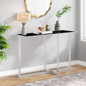Pasargad Luxe Faux Marble & Steel Console Table – Modern Elegance For Your Home Décor Needs Black Glass & Steel Gg-1028