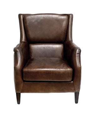 Pasargad Home Baker Wing Chair - Vintage Cigar Brown Leather With Elegant Dark Wood Legs Brown Leather Chair-900
