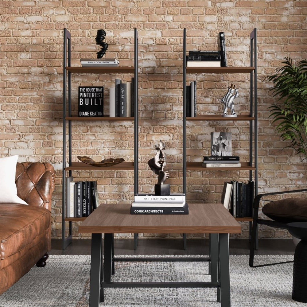 English Elm Sawhorse - Mid-Century Industrial Ladder Shelf With Walnut Veneer & Charcoal Metal Frame - Versatile Storage B136P159591-GIGA
