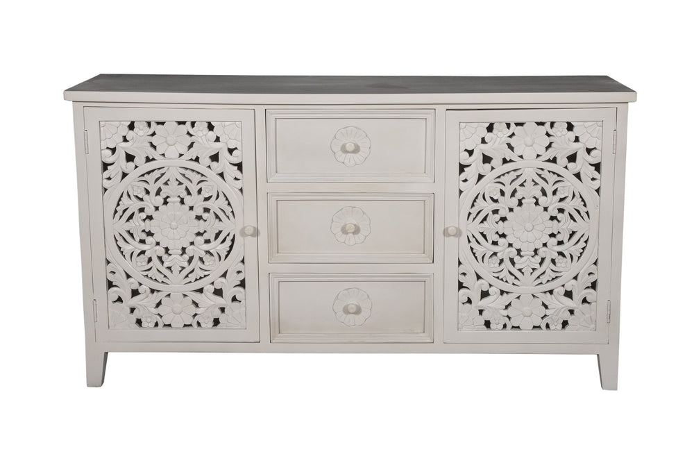 Porter Designs Porter Bali Solid Wood Sideboard – Hand-carved Artisan Design With Elegant Floral Motif & Storage White Wood 07-196-06-bcc03/Wht