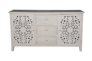 Porter Designs Porter Bali Solid Wood Sideboard – Hand-carved Artisan Design With Elegant Floral Motif & Storage White Wood 07-196-06-bcc03/Wht