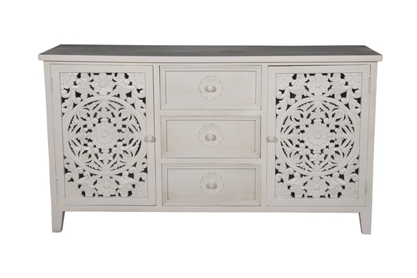 Porter Designs Porter Bali Solid Wood Sideboard – Hand-carved Artisan Design With Elegant Floral Motif & Storage White Wood 07-196-06-bcc03/Wht