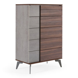 VIG Furniture Palermo Modern Italian Chest 33" W X 19" D X 51" H — Faux Concrete Top, Walnut Veneer, 5 Soft-Closing Drawers VGACPALERMO-WAL-CHST