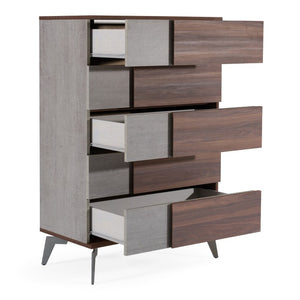 VIG Furniture Palermo Modern Italian Chest 33" W X 19" D X 51" H — Faux Concrete Top, Walnut Veneer, 5 Soft-Closing Drawers VGACPALERMO-WAL-CHST