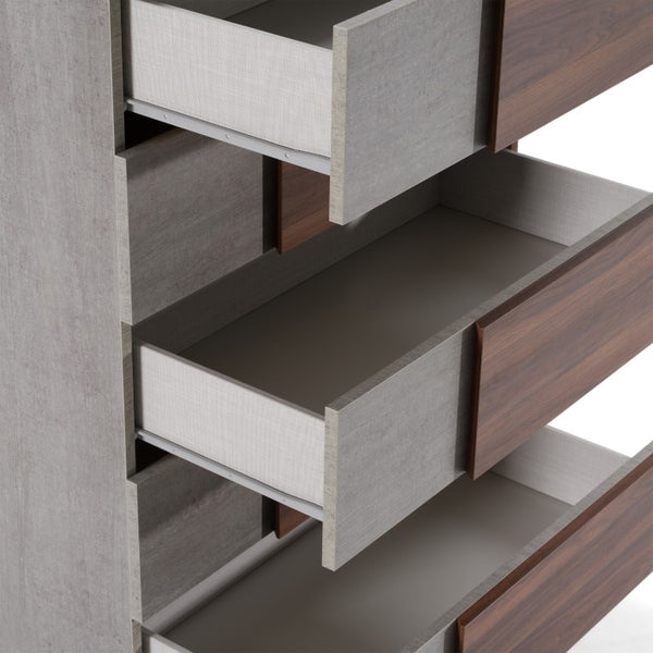 VIG Furniture Palermo Modern Italian Chest 33" W X 19" D X 51" H — Faux Concrete Top, Walnut Veneer, 5 Soft-Closing Drawers VGACPALERMO-WAL-CHST