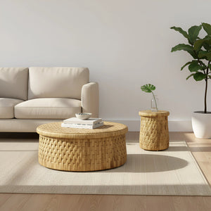 Palmera Round Woven Water Hyacinth Coffee Table with Rattan Edges for Coastal Rooms