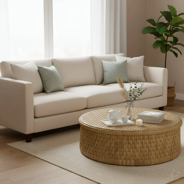 Palmera Round Woven Water Hyacinth Coffee Table with Rattan Edges for Coastal Rooms