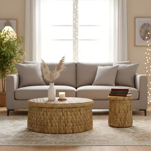 Alpine Furniture Palmera Round Woven Water Hyacinth Coffee Table with Rattan Edges for Coastal Rooms FA-08
