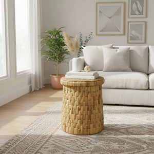 Alpine Furniture Palmera Handwoven Water Hyacinth Drum End Table Rattan Artisan Coastal Boho FA-09
