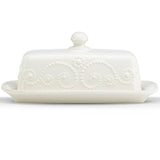 French Perle White Stoneware Butter Dish with Elegant Bead Design, Dishwasher Safe