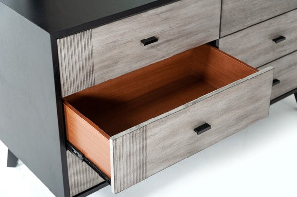 VIG Furniture Panther 6-Drawer Contemporary Dresser In Grey Acacia & Black Ash Veneer, Ribbed Fronts, Smooth-Glide Drawers VGMABR-77-DRS