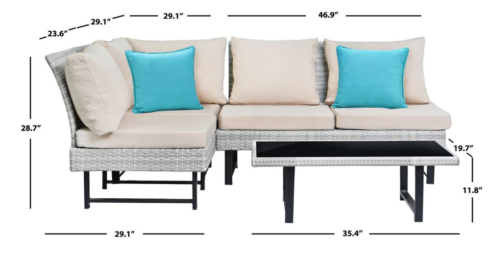 Safavieh Aleron Rattan Outdoor Sectional And Coffee Table With Teal Accent Pillows Beige/Teal PAT2010A