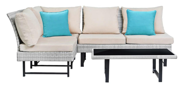Safavieh Aleron Rattan Outdoor Sectional And Coffee Table With Teal Accent Pillows Beige/Teal PAT2010A