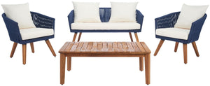 Safavieh Velso 4 Piece Living Set Navy Rope/Beige Cushion/Natural Legs PAT7072E-2BX