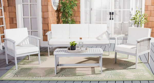 Safavieh Finnick 4 Piece Living Set XII23 Grey Wood/Beige Cushion Galvanized Steel PAT7313B-2BX