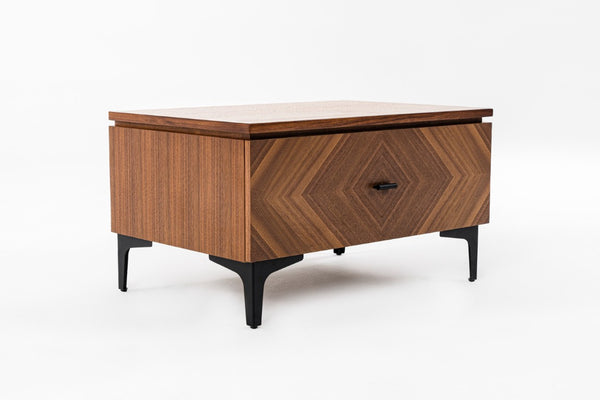 VIG Furniture Paula Mid-Century Walnut Nightstand With Parquet Veneer, Black Metal Legs & Smooth-Glide Drawer VGMABR-103-NS
