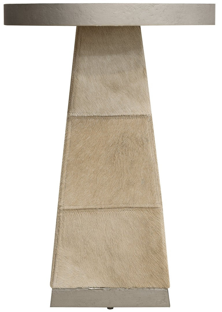 Hooker Furniture Melange Sculptural Travertine End Table With Hair-On-Hide Leather Base And Silver Metal Accents, Luxe Centerpiece 628-50001-00