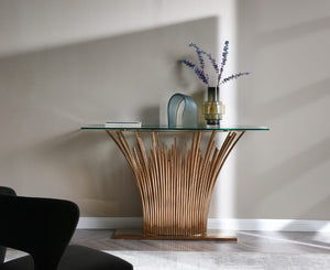 VIG Furniture Paxton Modern Glass Console Table With Rose Gold Stainless Steel Pedestal Base, Slim 59"W Elegance VGVCK817-CS-RG-CT