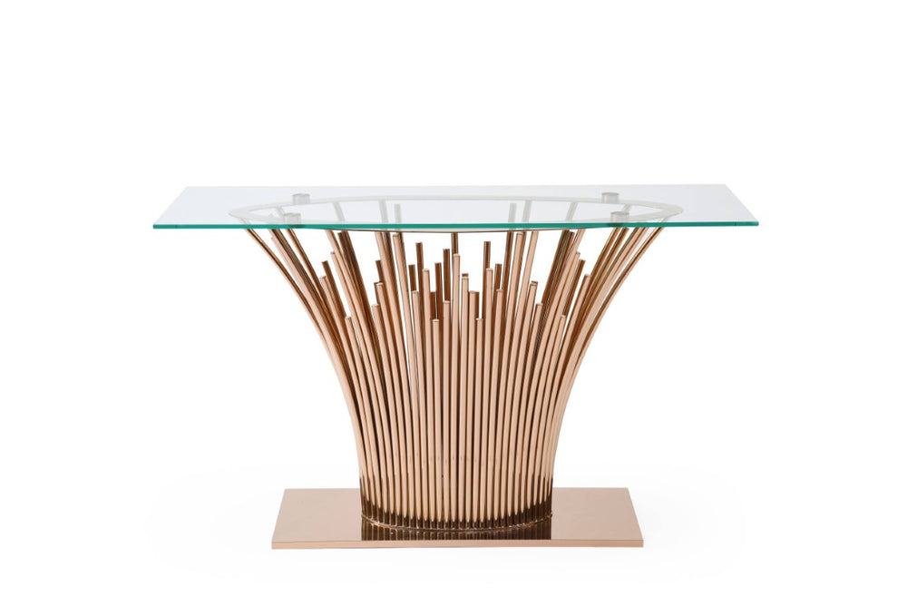 VIG Furniture Paxton Modern Glass Console Table With Rose Gold Stainless Steel Pedestal Base, Slim 59"W Elegance VGVCK817-CS-RG-CT