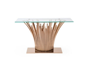 VIG Furniture Paxton Modern Glass Console Table With Rose Gold Stainless Steel Pedestal Base, Slim 59"W Elegance VGVCK817-CS-RG-CT