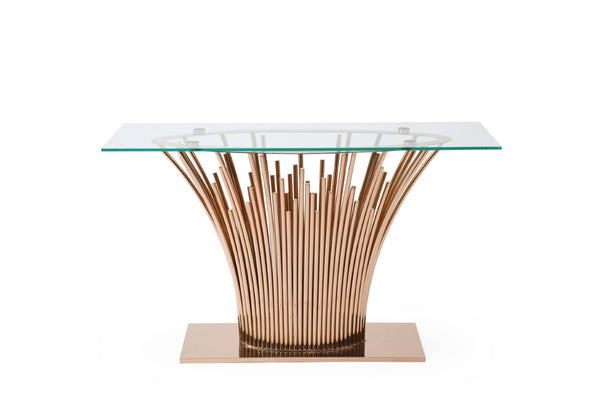 VIG Furniture Paxton Modern Glass Console Table With Rose Gold Stainless Steel Pedestal Base, Slim 59"W Elegance VGVCK817-CS-RG-CT