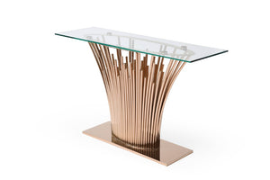 VIG Furniture Paxton Modern Glass Console Table With Rose Gold Stainless Steel Pedestal Base, Slim 59"W Elegance VGVCK817-CS-RG-CT