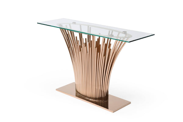 VIG Furniture Paxton Modern Glass Console Table With Rose Gold Stainless Steel Pedestal Base, Slim 59"W Elegance VGVCK817-CS-RG-CT