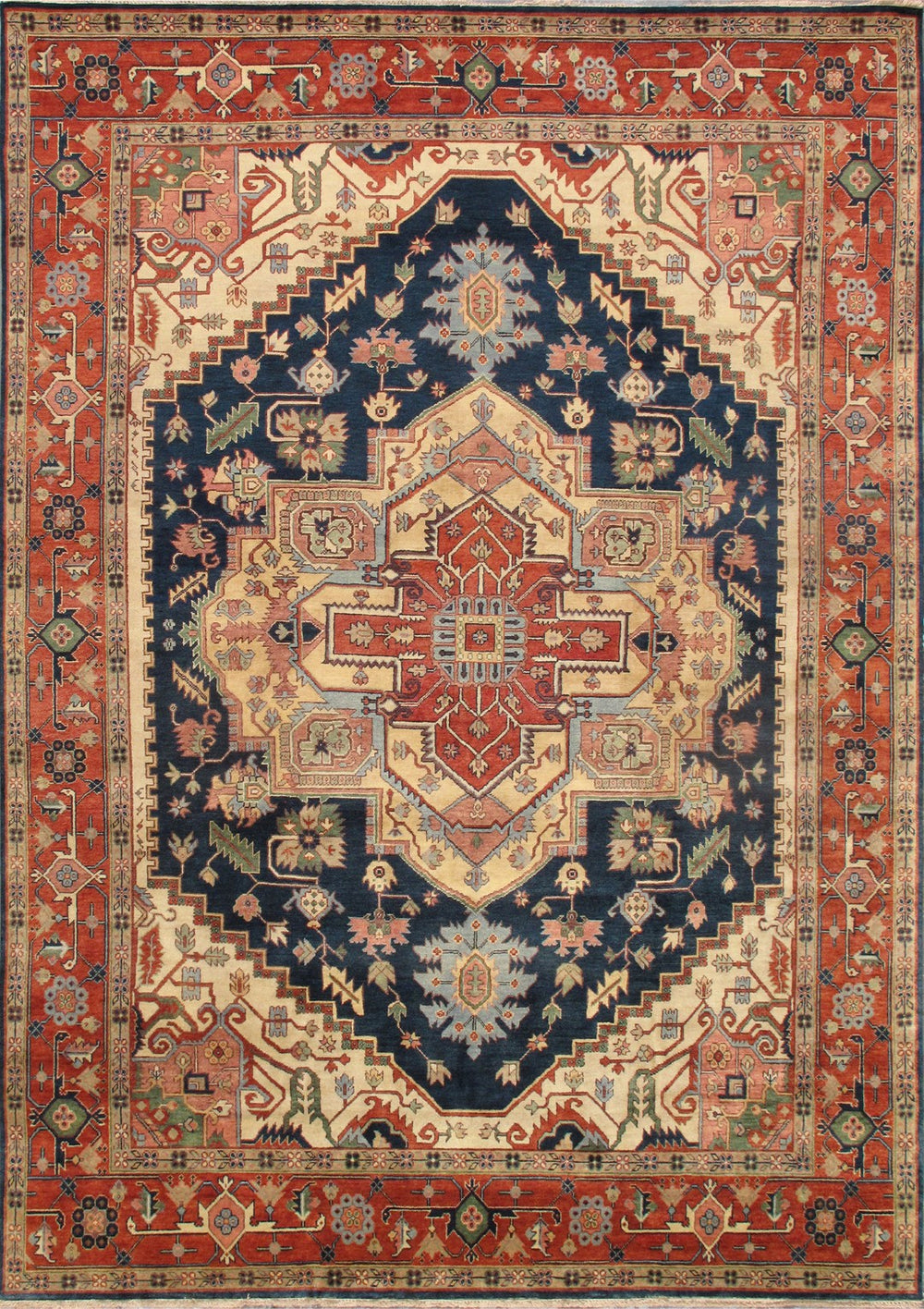 Pasargad Home Serapi Hand-Knotted Wool Area Rug - Luxurious Navy/Rust Design, 9' x 12' Classic Charm