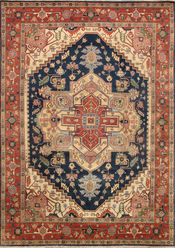 Pasargad Home Serapi Hand-Knotted Wool Area Rug - Luxurious Navy/Rust Design, 9' x 12' Classic Charm