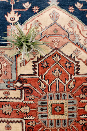 Pasargad Home Serapi Hand-Knotted Wool Area Rug - Luxurious Navy/Rust Design, 9' x 12' Classic Charm