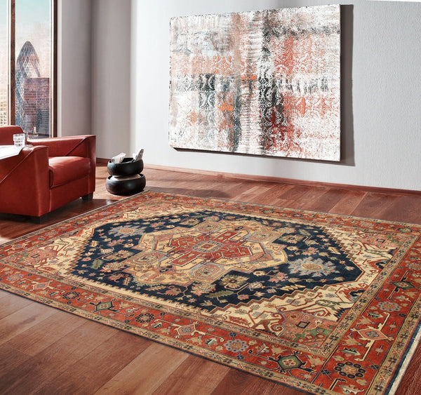 Pasargad Home Serapi Hand-Knotted Wool Area Rug - Luxurious Navy/Rust Design, 9' x 12' Classic Charm