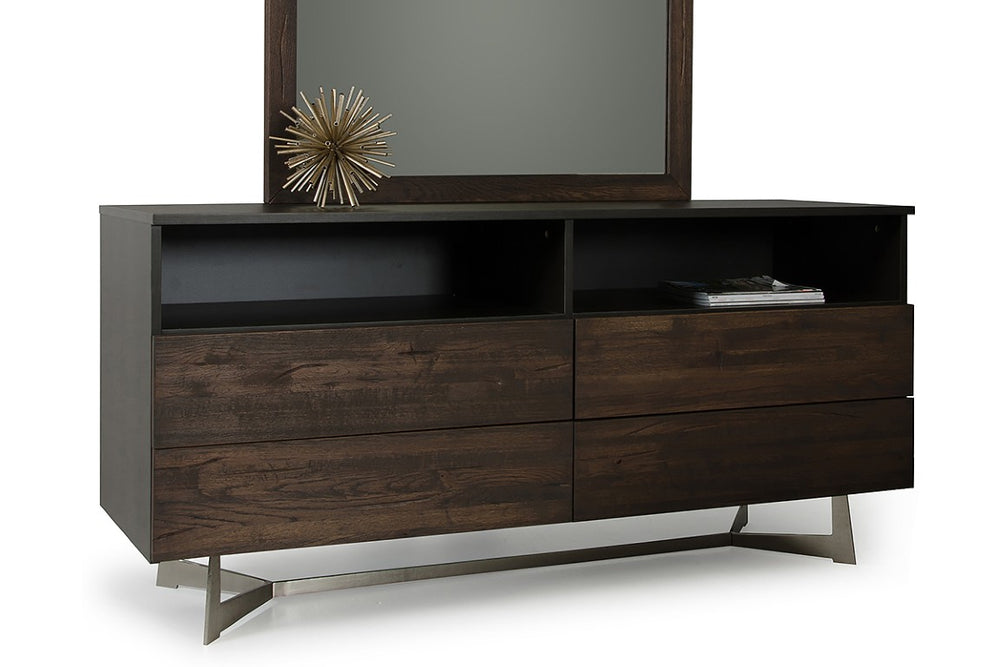 VIG Furniture Wharton Rustic Modern Dark Aged Oak Dresser With Soft-Close Drawers, Open Niches & V-Leg Design VGEDPB16003