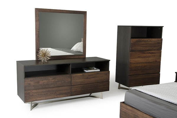 VIG Furniture Wharton Rustic Modern Dark Aged Oak Dresser With Soft-Close Drawers, Open Niches & V-Leg Design VGEDPB16003