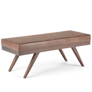 English Elm Chanelle Mid Century Ottoman Bench with Distressed Vegan Faux Leather, Solid Rubberwood Frame, 48" Light Brown B136P159223