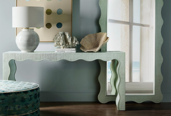 Hooker Furniture Commerce Waverly Raffia Console Table — Slim 72" Coastal-Style Entryway Table With Scalloped Apron, Blue-Green Finish 7228-85145-45