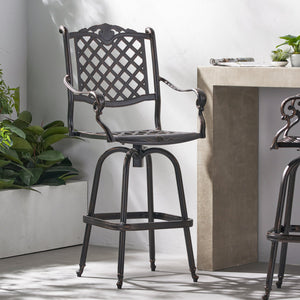 English Elm Cast Aluminum Outdoor Barstool with Diamond Lattice Back and Cabriole Legs Swivel Seat 54393.00COP