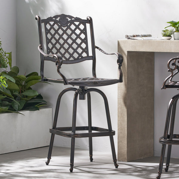 English Elm Cast Aluminum Outdoor Barstool with Diamond Lattice Back and Cabriole Legs Swivel Seat 54393.00COP
