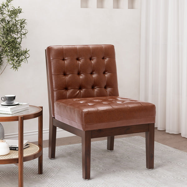English Elm Christopher Knight Home® - Accent Chair Cognac Upholstered Tufted Waffle Stitch PU with Dark Espresso Rubberwood Legs, Cozy Midcentury SELLER 70753.00COGN