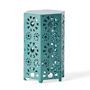 English Elm Galore Iron Patio Side Table with Sunburst Cutout and Crackle Finish for Outdoor Lounging Teal 60815.00CT