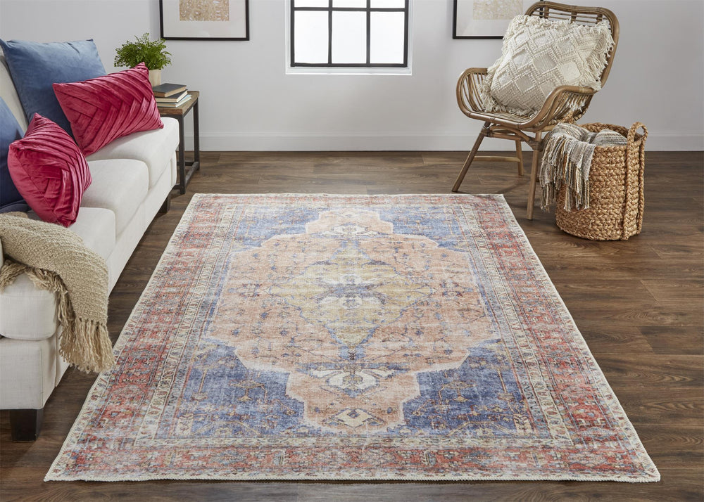 Feizy Rugs Percy Transitional Medallion Area Rug - Durable, Machine Washable, Stylishly Distressed Design For Any Space Red,Tan,Blue Polyester,Cotton,Viscose Prc39apfrstbluf71