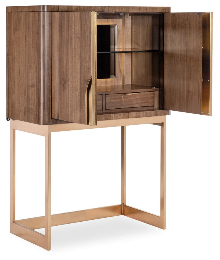 Hooker Furniture Eleana Light Caramel Walnut Bar On Stand With Sunlit Bronze Accents, Backlit Cabinet & Adjustable Shelves 7252-50160-85