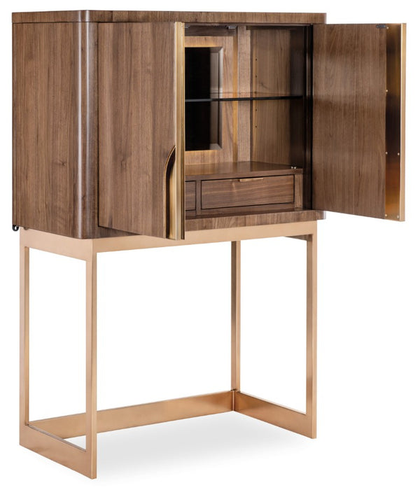 Hooker Furniture Eleana Light Caramel Walnut Bar On Stand With Sunlit Bronze Accents, Backlit Cabinet & Adjustable Shelves 7252-50160-85