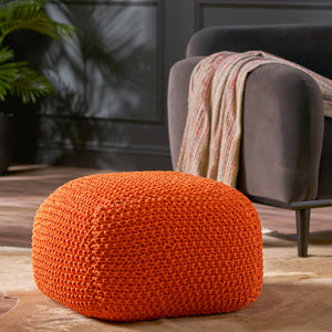 English Elm Christopher Knight Home® - Hollis Handcrafted Knitted Cotton Pouf Cube - 100% Cotton Orange Ottoman, Cozy Accent Seat 20x16 62658.00ORG