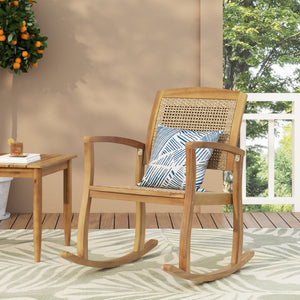 English Elm Christopher Knight Home® - ANTELOPE Acacia Wood Rocking Chair in Light Brown with Polyethylene Rattan Seat, Durable Outdoor Relaxer 71983.00MLBRN