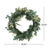 Christopher Knight Home® - Noble House - Geddes 30" Eucalyptus and Pine Artificial Silk Wreath with Baby'S Breath, Green and White