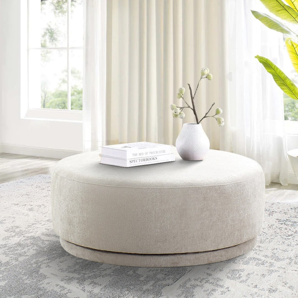 Pasargad Cielo Round Ottoman - Stylish Wood & Fabric Swivel Base in Elegant Beige for Modern Homes