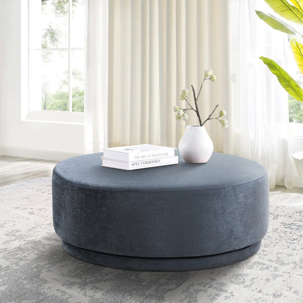 Pasargad Home Cielo Modern Round Ottoman - Stylish Blue Fabric Swivel Base for Chic Home Decor